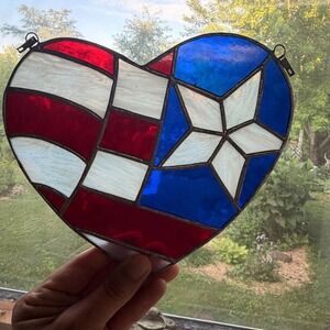 Patriotic American Flag Stained Glass Heart Suncatcher Star Stripes Red White